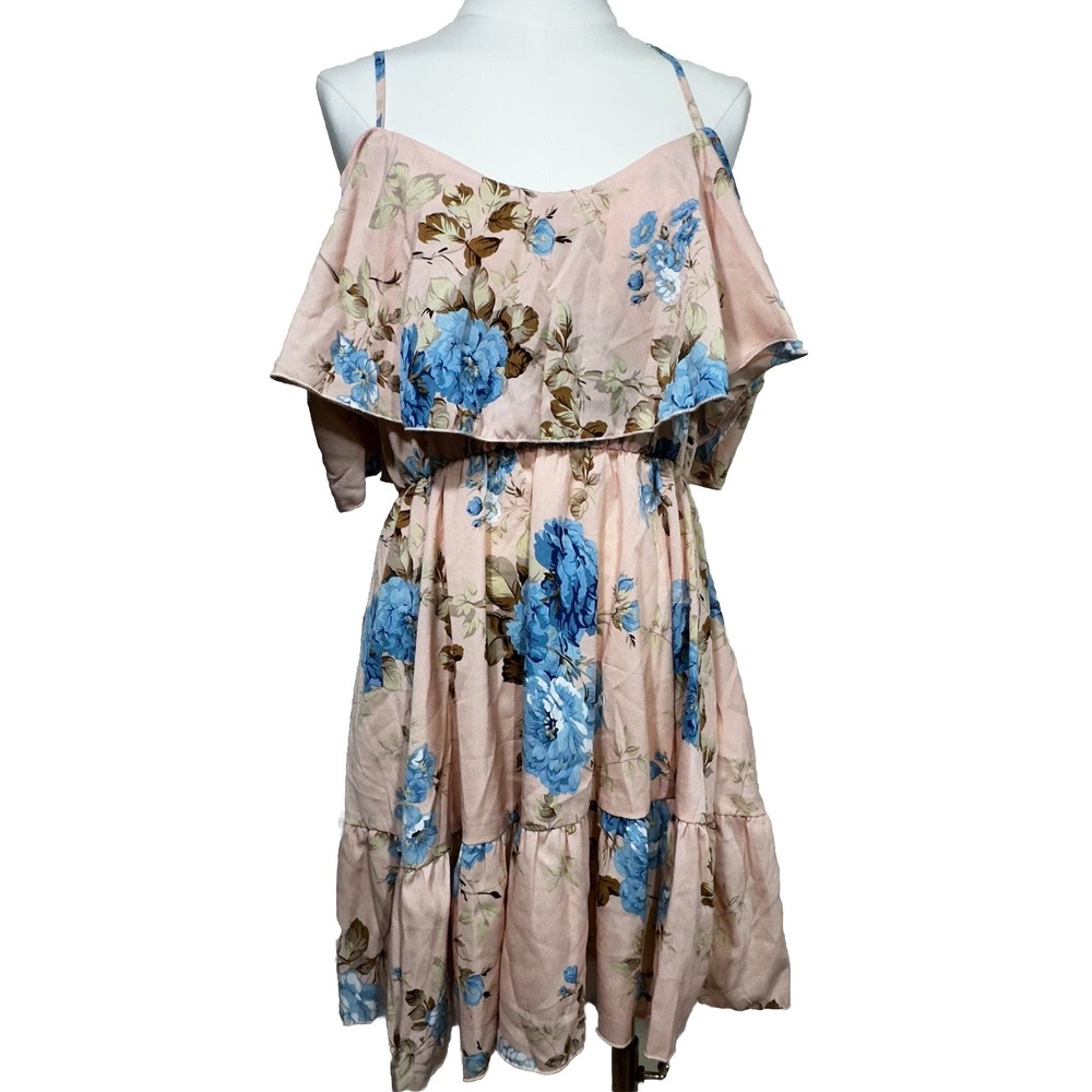Shein VCAY Floral Cold Shoulder Dress Women Large Pink Blue Ruffle Mini Summer
